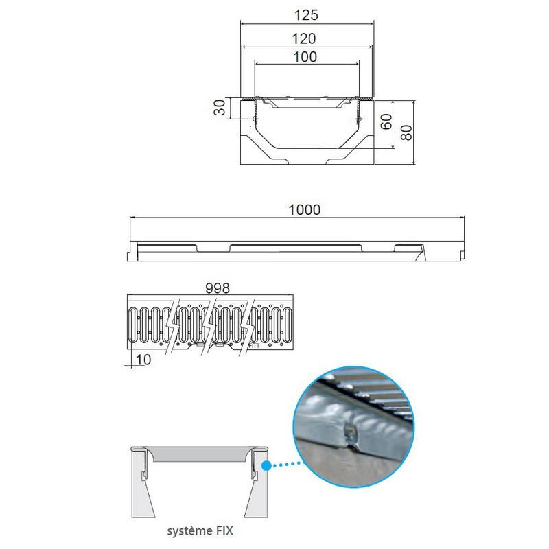 Caniveau béton polymère 1000x125x80mm + grille acier galvanisé – Image 2