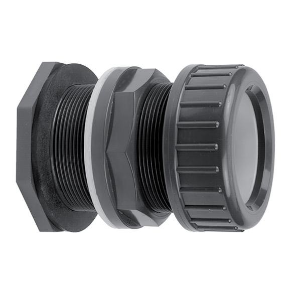 Traversée de paroi + écrou de calage PVC pression femelle/filetée