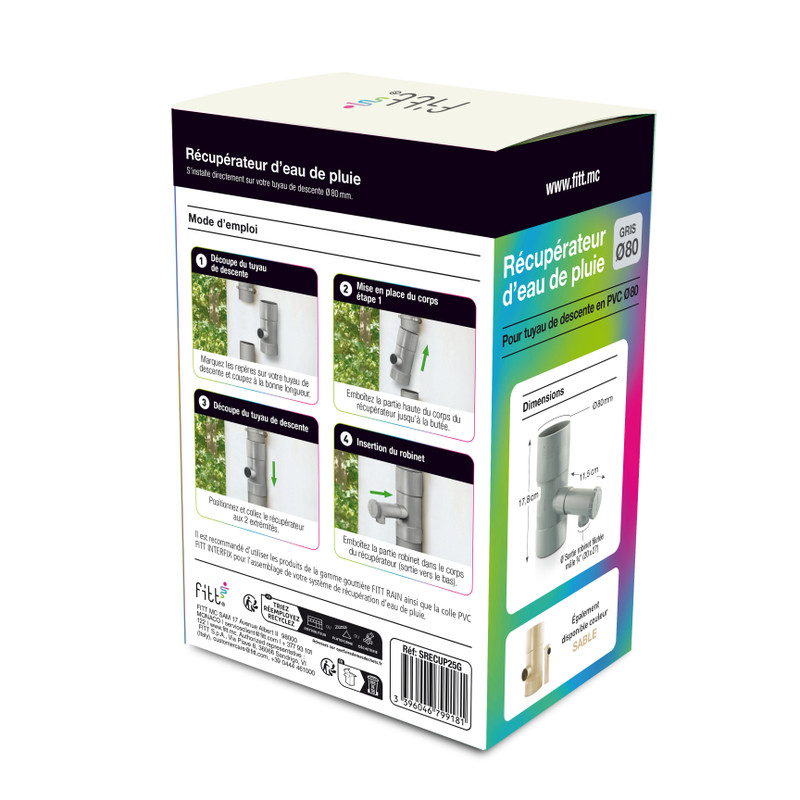 Collecteur récupérateur d'eau de pluie gris pour tuyau Ø80 – Image 3