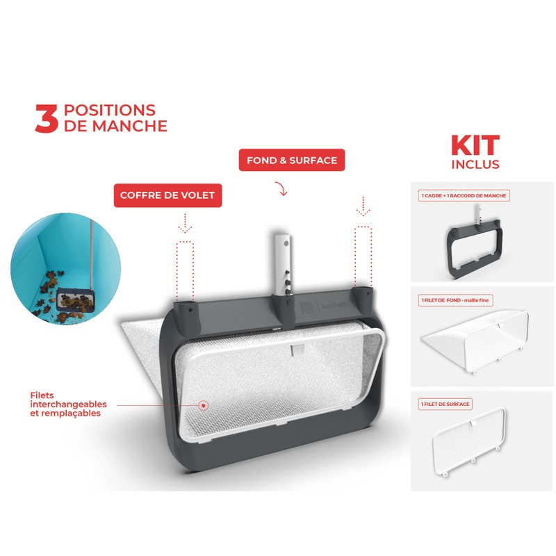 Épuisette de piscine 3 en 1 NODI NET+ – fond, surface et coffre de volet